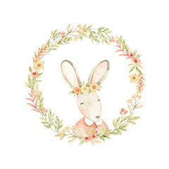 Cute bunny with flowers. Watercolor botanical wreath with field flowers, branches, green leaves. Baby rabbit. Floral design elements. Perfect for invitations, cards, frames, posters, packing