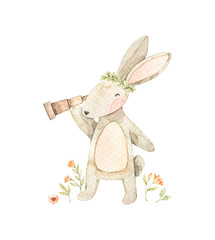 Watercolor cute bunny looking through a spyglass with floral wreath and flowers everywhere. Baby character. Children room decor. Perfect for invitations, greeting cards, packing, Baby shower