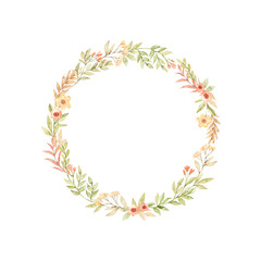 Watercolor botanical wreath with cute flowers, branches, green leaves. Greenery and Field flowers. Floral design elements. Perfect for  wedding invitations, cards, frames, posters, packing