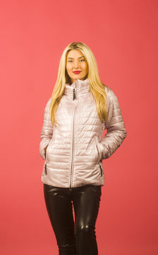 Young beautiful woman wearing casual jacket over pearch isolated background.