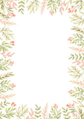 Fototapeta na wymiar Watercolor botanical frame with cute flowers, branches, green leaves. Greenery and Field red flowers. Floral design elements. Perfect for invitations, cards, frames, posters, packing