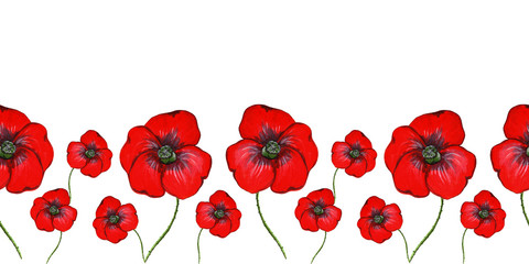 Fototapeta na wymiar Seamless botanical border. Bright and contrast floral border with poppies. Red poppy, showy flower, garden beauty. Hand drawn watercolor illustration isolated on white background. 