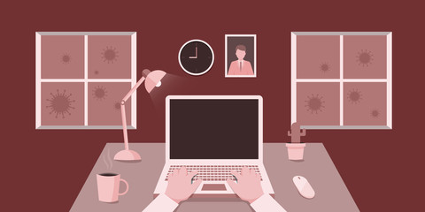 The situation of Covit -19 has not improved, so it is necessary to bring work back home. To prevent the epidemic now. Illustration about work on computer.