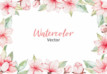 Vector Watercolor botanical frame. Pink cherry blossom. Collection with gentle flowers, bud, branches and green leaves. Perfect for wedding invitations, cards, frames, posters, packing.