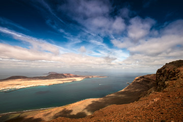 Air Panoramic view from Mirador del Rio towards La Graciosa island, Lanzarote, Spain