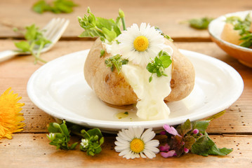 Ofenkartoffel mit Quark und Kräutern Wildkräuter essbare Blumen 