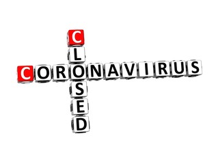 Closed Coronavirus COVID-19. 3D red-white crossword puzzle on white background. Corona Virus Creative Words.