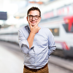 Obraz premium Man wearing a red bow tie. Looking funny