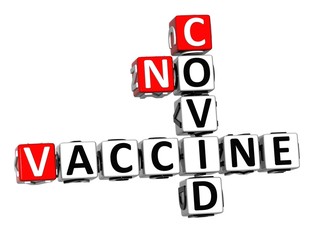 Vaccine Coronavirus COVID-19. 3D red-white crossword puzzle on white background. Corona Virus Creative Words.