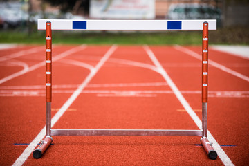 Hurdle on race track, track and field equipment