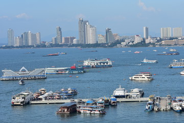 Fototapeta na wymiar Magnificent view of Laem Bali Hai Pier with boats in Pattaya