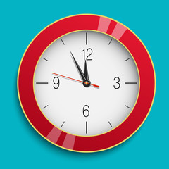Round vector wall clock with red body isolated on color background