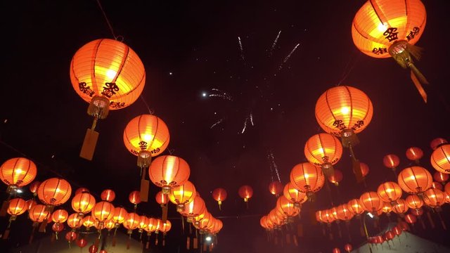 Chinese new year firework at lantern light display at Goddess of Mercy Temple, Penang, Malaysia.