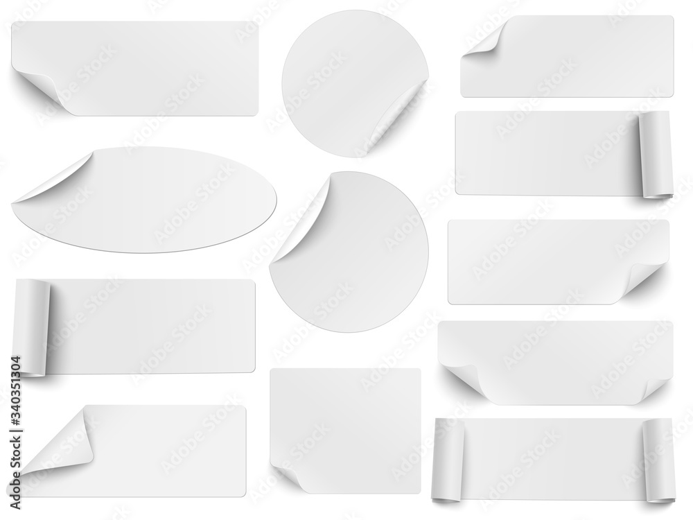 Wall mural set of vector white paper stickers of different shapes with curled corners isolated on white backgro