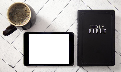A Black Holy Bible with a Blank Tablet ready to Add Your Text