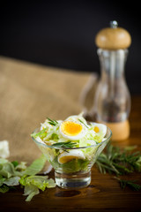 fresh spring salad with cabbage, lettuce and boiled eggs with rosemary and spices