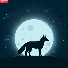 Silhouette of a deer with moonlight and stars.