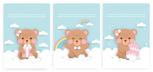 Set of baby shower cards and birthday cards with cute bear and cake .