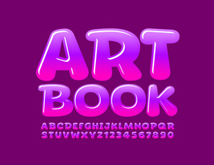 Vector bright logo Art Book with Glossy Font. Violet and Pink gradient Alphabet Letters and Numbers