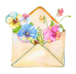 an envelope with a floral bouquet ,watercolor illustration