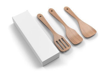 Wooden Spatula Utensils Set for Kitchen With Paper Box Packaging, 3d render illustration.