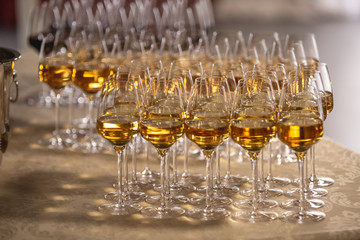 full glasses of champagne on the festive table