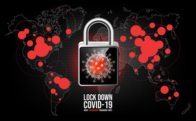 Coronavirus disease COVID-19 infection medical with covid-19 padlock on world map. Officially name for Coronavirus disease named COVID-19, Lock down Coronavirus protection concept, vector illustration