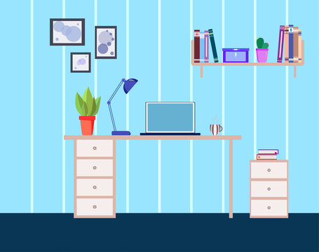 Laptop on table, lamp, plants, pictures, cup with tea, shelf with books, box. Work space at home. Flat isolated illustration of interior.  Striped blue wallpaper.