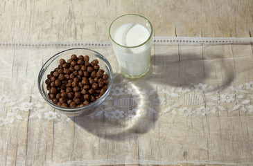 healthy Breakfast with a glass of milk and chocolate flakes