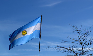 Argentinian flag against blue sky.