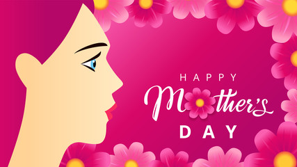 Happy Mothers Day text, woman on pink beautiful flowers background. Vector typography for Mother's day wallpaper or sale special offer banner. Best Mom ever greeting card