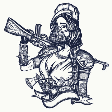 Post apocalypse. Soldier woman in gas mask. Doomsday girl and kalashnikov machine gun. Post apocalyptic warrior. Game art. Survival people. Dark crime future, tattoo and t-shirt design
