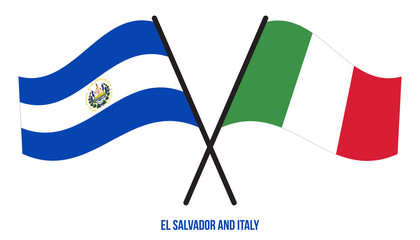 El Salvador and Italy Flags Crossed And Waving Flat Style. Official Proportion. Correct Colors