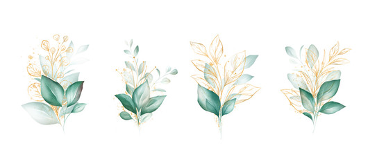 Watercolor floral illustration set. Green & gold leaves, branches, and glitter line art for wedding card, greeting, wallpaper, fashion, and background composition. Eucalytus and wild leaves design.
