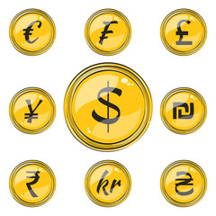 Set of 9 Flat Coins with Currency Symbols