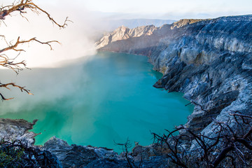 Aerial view ijen volcano crater with smoke,Indonesia	