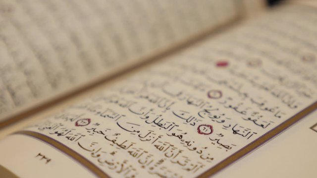 Side shot of an opened Quran-the focus moves along the opened page while the camera moves