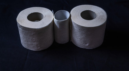 In the horizontal photo, the top view of the toilet paper, which is white, has a single layer. Several rolls of toilet paper whole