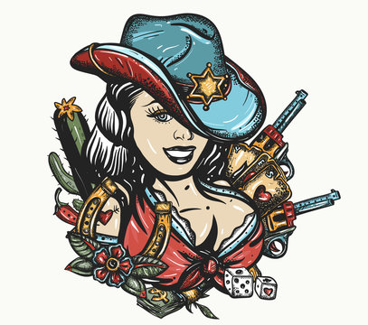 Cowboy girl pin up style. Sheriff woman in hat. Beautiful American woman in national clothes of USA. Wild West concept. Western art. Guns, playing cards and money. Tattoo and t-shirt design