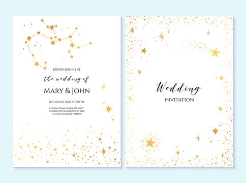 Rustic elegant wedding invitation template with gold stars. Design layout for menu, greeting card, flyer, beauty, anniversary, baby shower, bridal boho element.