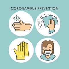 Coronavirus prevention flat vector icons. Stop virus vector signs