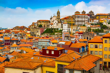 Fototapeta na wymiar Beautiful panorama of old town historical buildings of Porto, Portugal