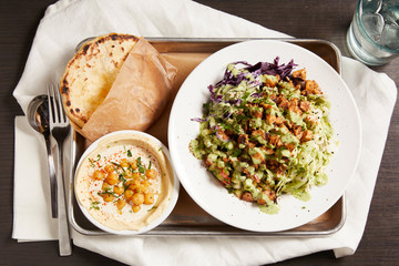 Mediterranean style chicken salad with hummus