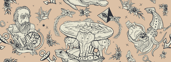 Flat Earth  theory, seamless pattern. Old school tattoo style. Turtle and three elephants. Octopus kraken and Galileo scientist. Traditional tattooing style