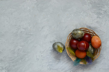Easter holiday concept. Easter still life. colorful natural painted eggs. Traditional Russian Easter.
