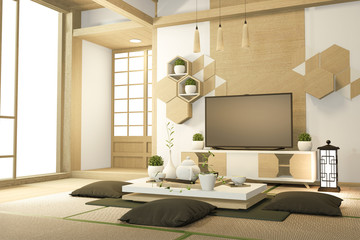 Tv cabinet in tropical empty room Japanese - zen style,minimal designs. 3D rendering