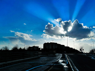 A beautiful landscape of a light beam in the blue cloudy sky