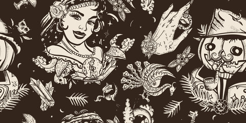 Halloween, vintage seamless pattern. Old school tattoo style. Dark gothic fairy tale background. Witch woman, gypsy, crystal ball, Jack O' Lantern and occult hands
