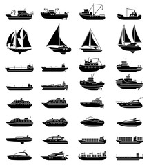 Ships and boats set. Barge and cargo ship, tanker, sailing vessel, cruise liner, tugboat, fishing and speed boat.