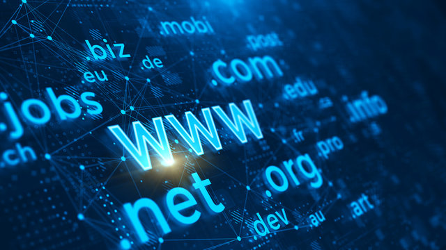Domain names - internet and web telecommunication concept. 3d rendering